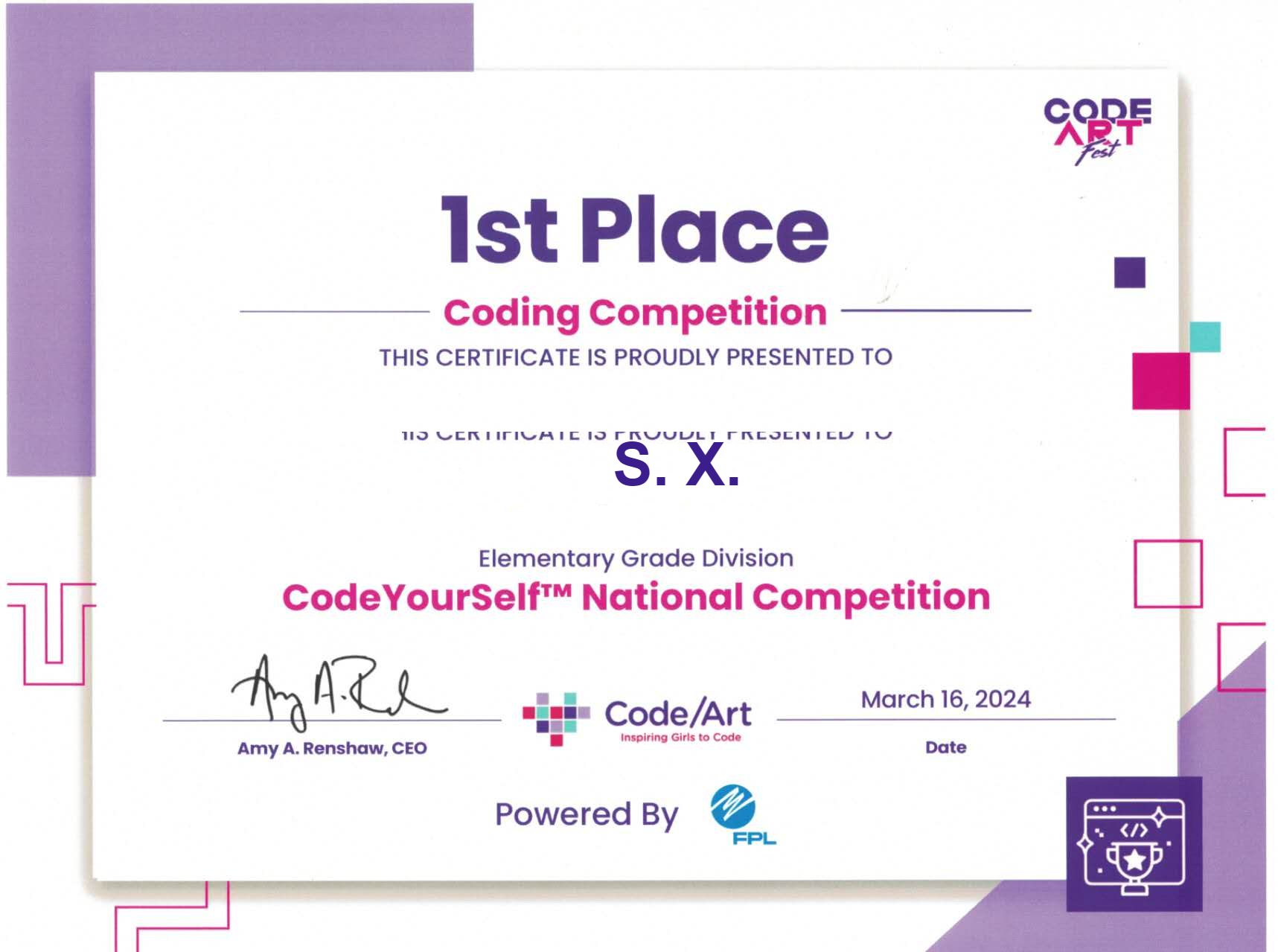 Code/Art CodeYourSelf 第一名 · 学生 S. X.