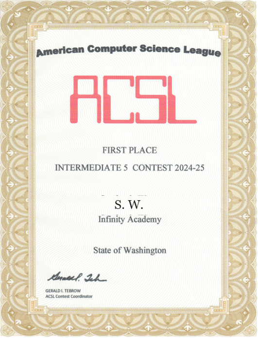 ACSL Intermediate 5 第一名 · 学生 S. W.